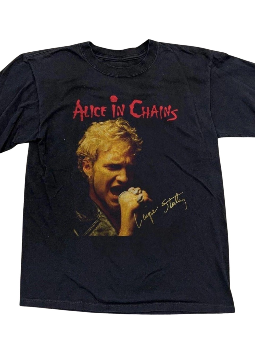 Gildan Black Alice In Chains Graphic Tee with Red Logo and Yellow Print